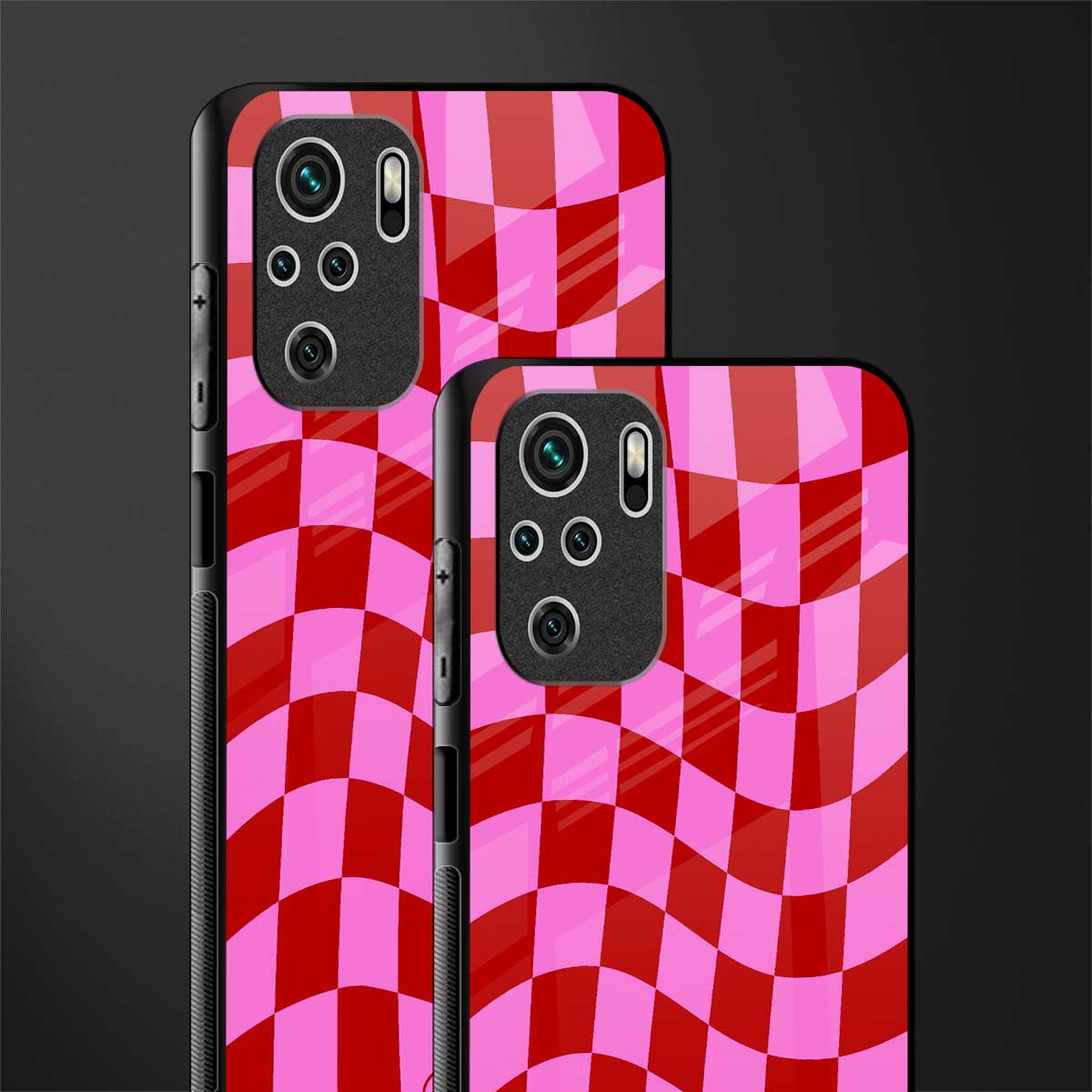 red pink trippy check pattern glass case for redmi note 10 image-2