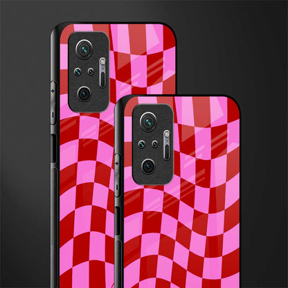 red pink trippy check pattern glass case for redmi note 10 pro image-2