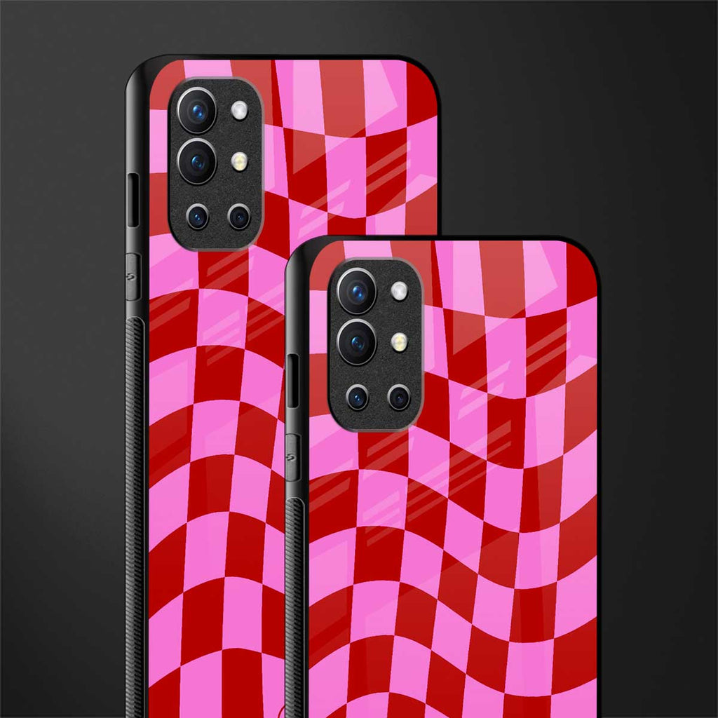 red pink trippy check pattern glass case for oneplus 9r image-2
