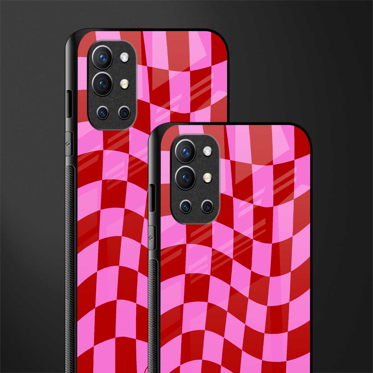 red pink trippy check pattern glass case for oneplus 9r image-2