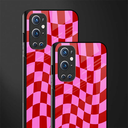 red pink trippy check pattern glass case for oneplus 9 pro image-2