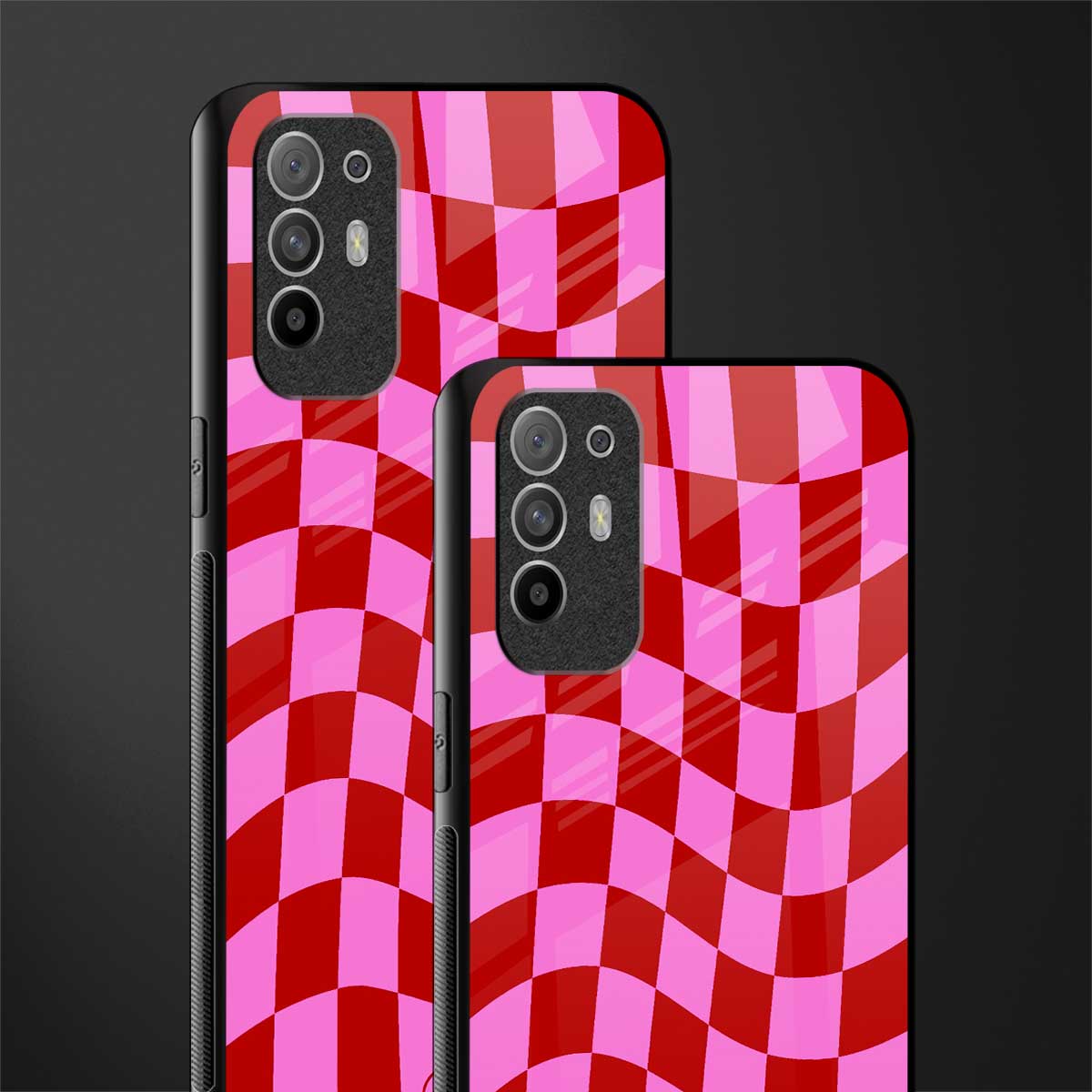 red pink trippy check pattern glass case for oppo f19 pro plus image-2