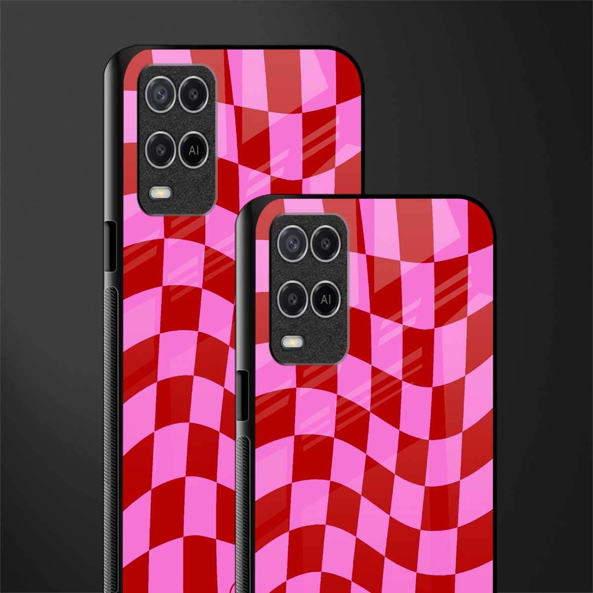 red pink trippy check pattern glass case for oppo a54 image-2
