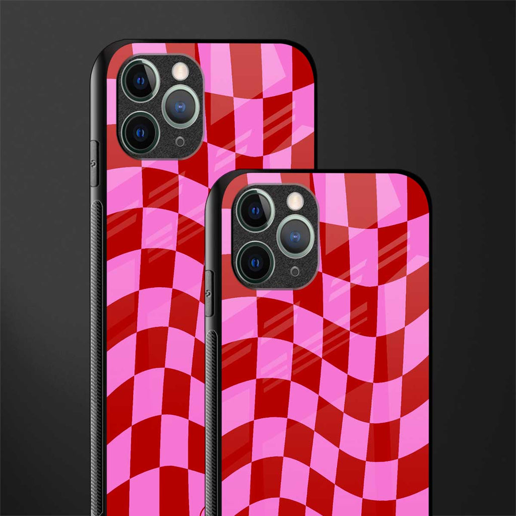 red pink trippy check pattern glass case for iphone 11 pro max image-2