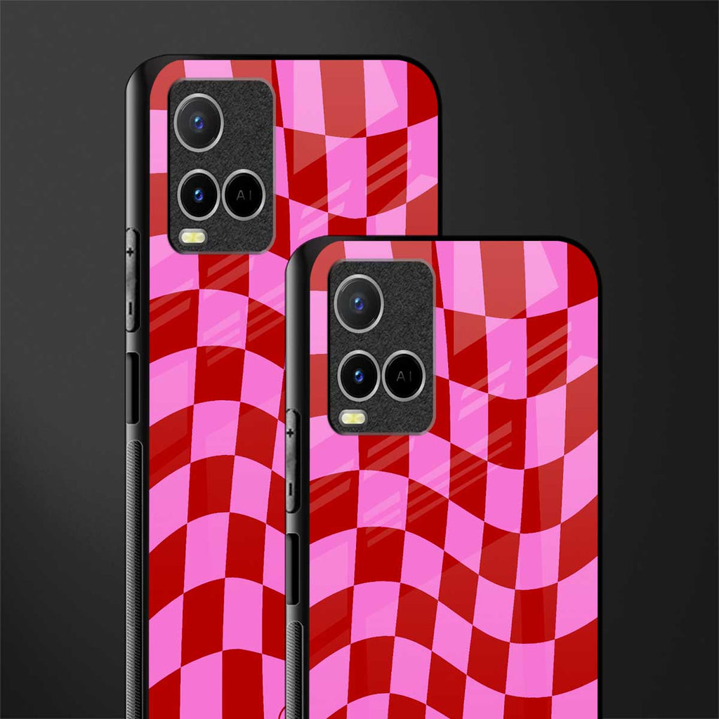 red pink trippy check pattern glass case for vivo y21s image-2
