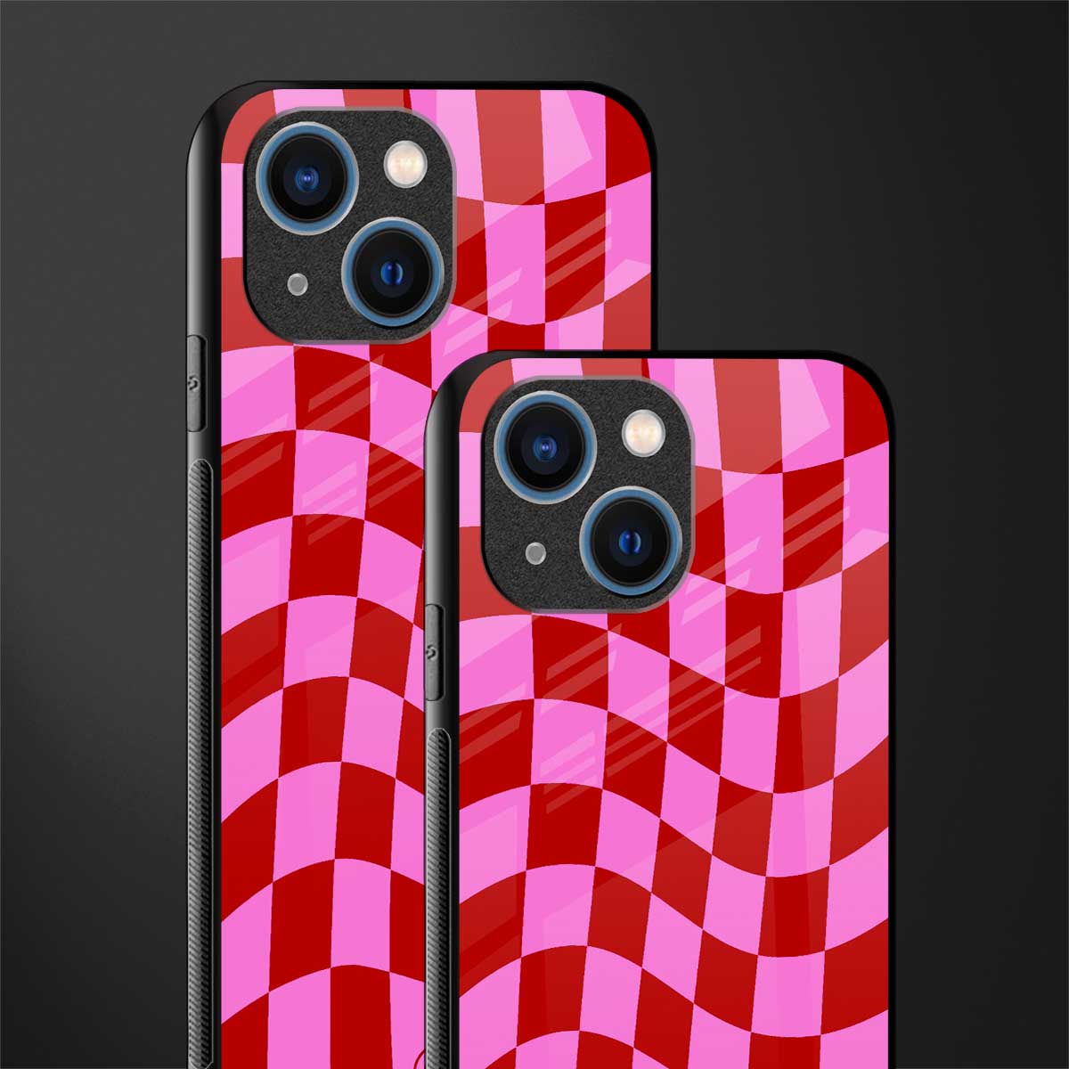 red pink trippy check pattern glass case for iphone 13 mini image-2