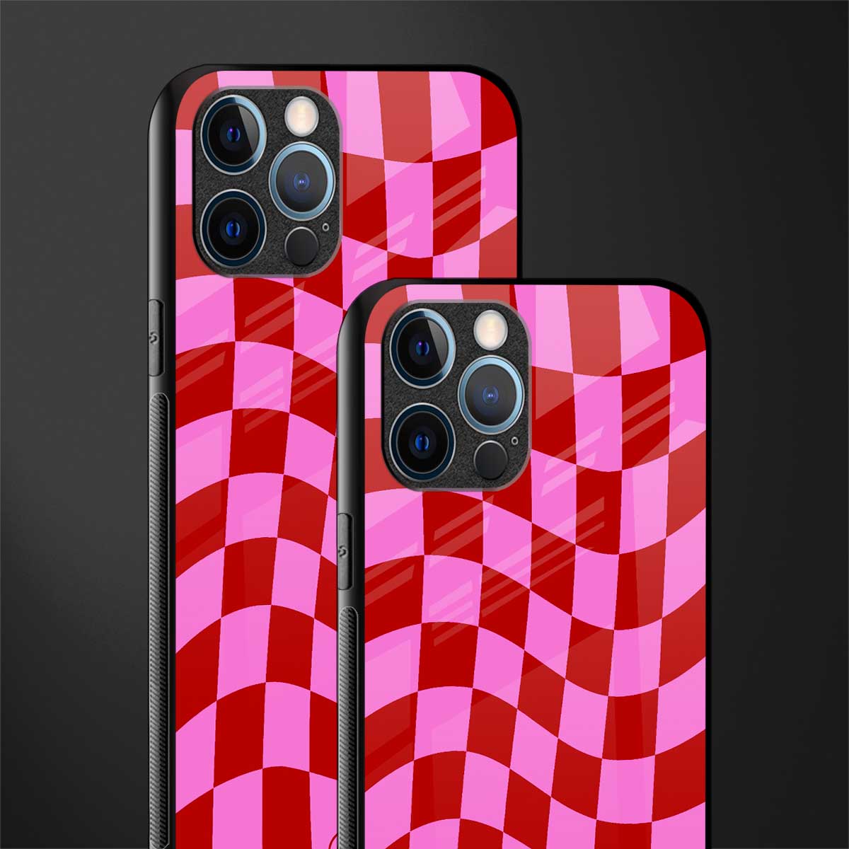 red pink trippy check pattern glass case for iphone 14 pro max image-2