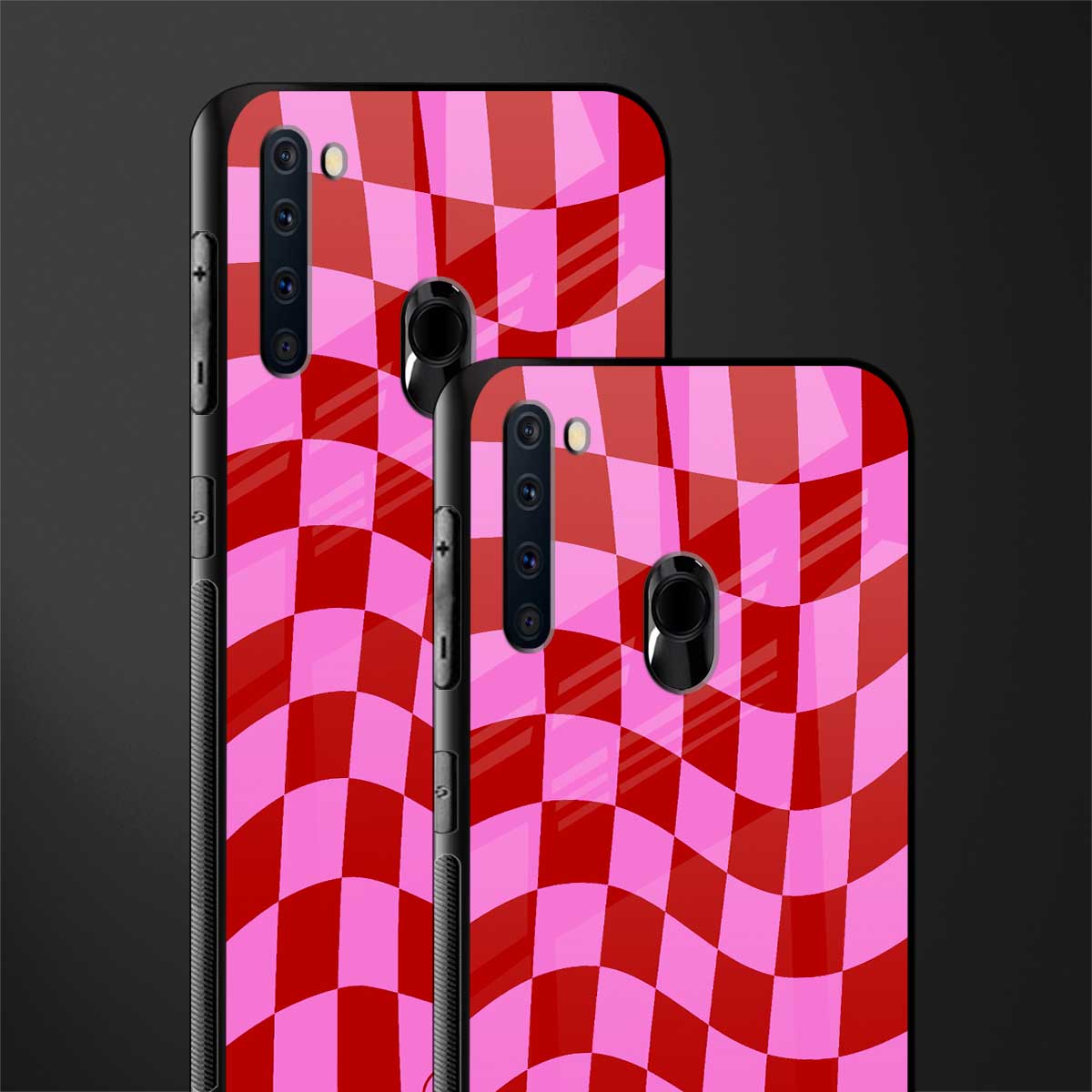 red pink trippy check pattern glass case for samsung a21 image-2