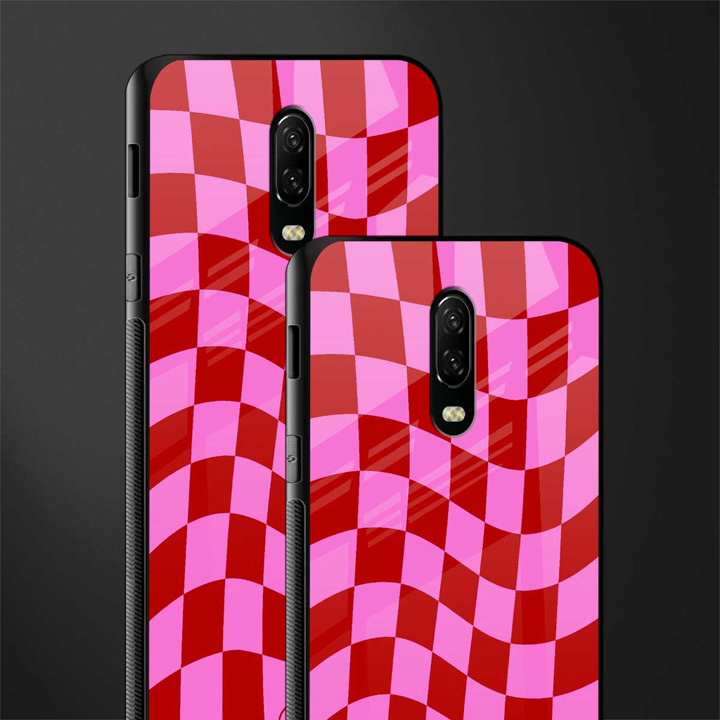 red pink trippy check pattern glass case for oneplus 6t image-2