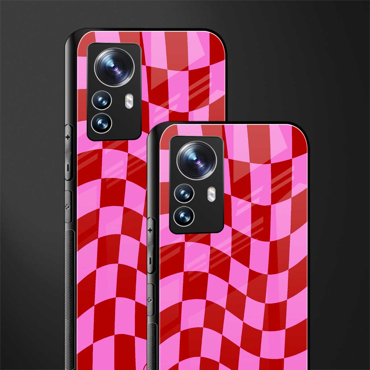 red pink trippy check pattern back phone cover | glass case for xiaomi 12 pro