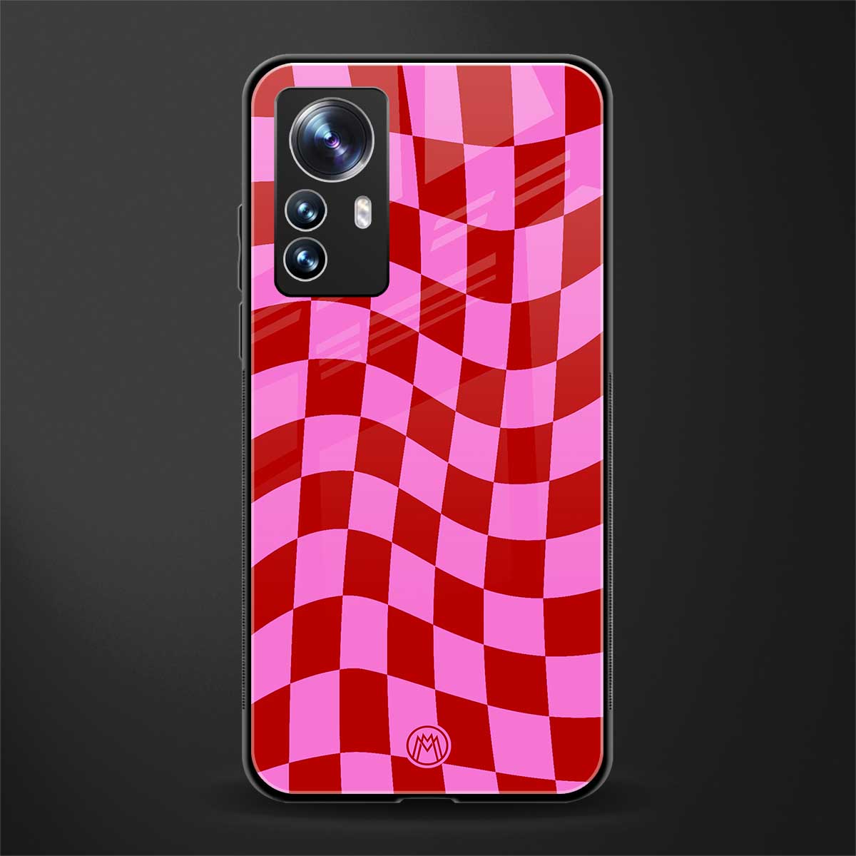 red pink trippy check pattern back phone cover | glass case for xiaomi 12 pro