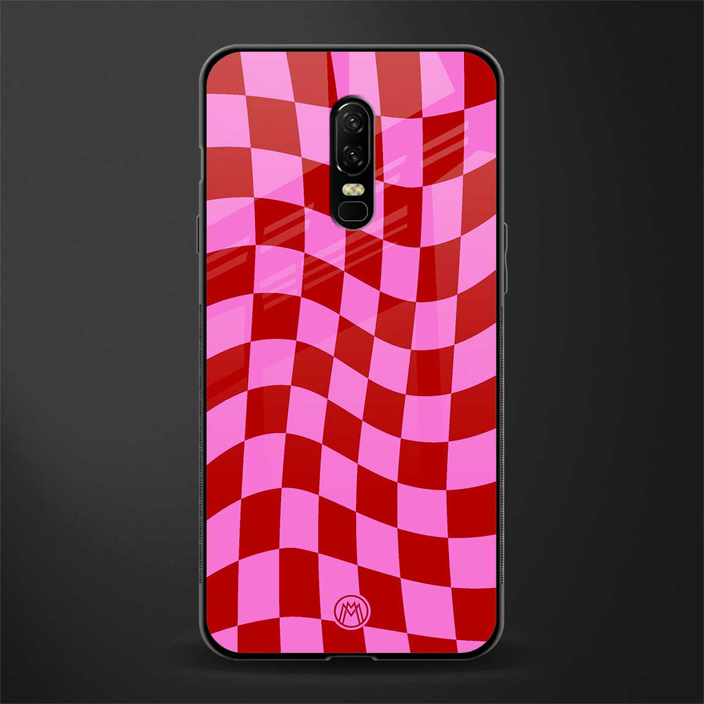 red pink trippy check pattern glass case for oneplus 6 image