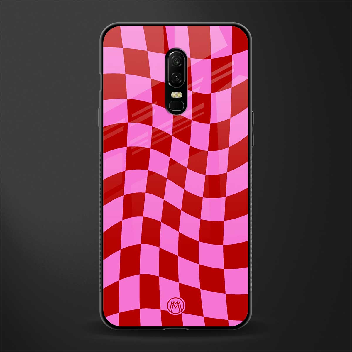 red pink trippy check pattern glass case for oneplus 6 image