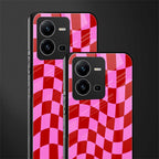 red pink trippy check pattern back phone cover | glass case for vivo v25-5g