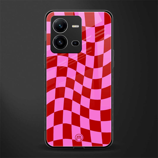 red pink trippy check pattern back phone cover | glass case for vivo v25-5g