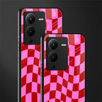 red pink trippy check pattern back phone cover | glass case for vivo v25 pro 5g