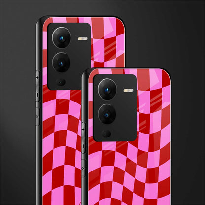 red pink trippy check pattern back phone cover | glass case for vivo v25 pro 5g