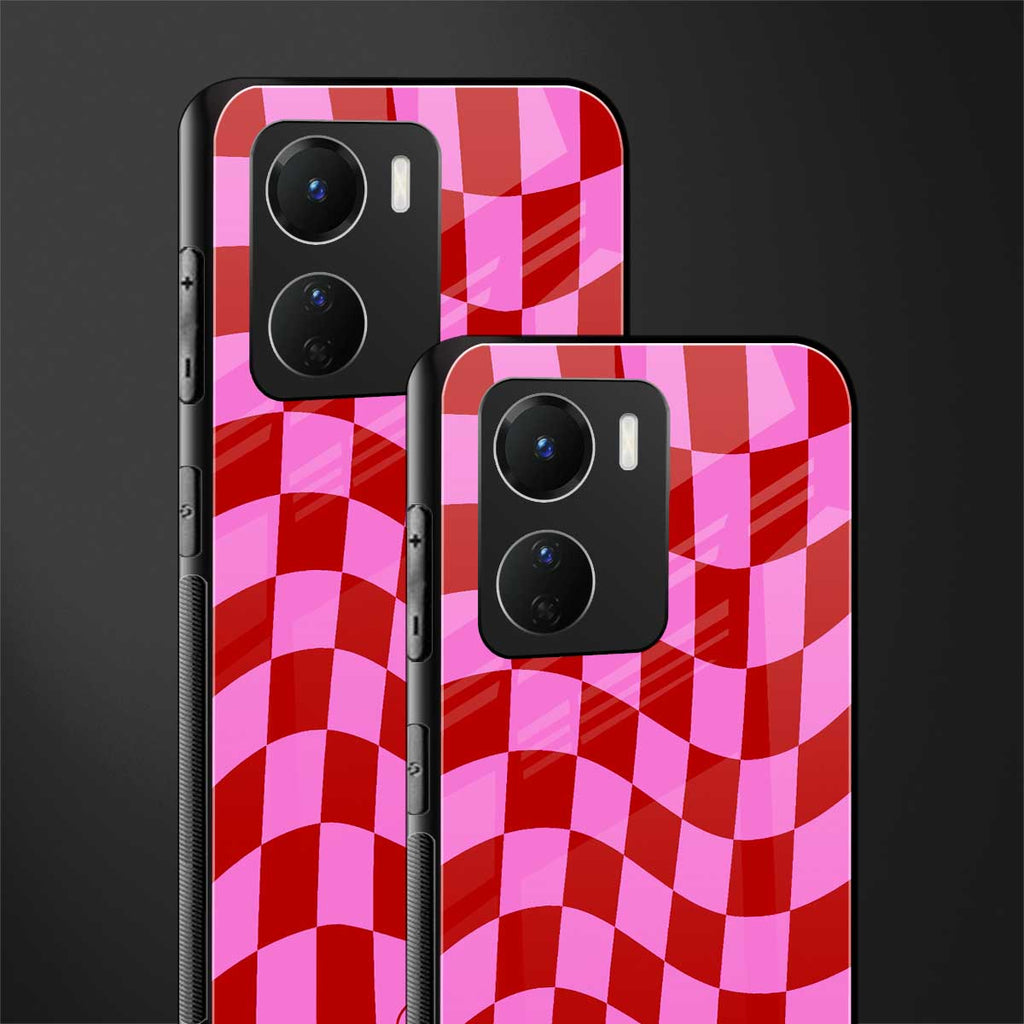red pink trippy check pattern back phone cover | glass case for vivo y16