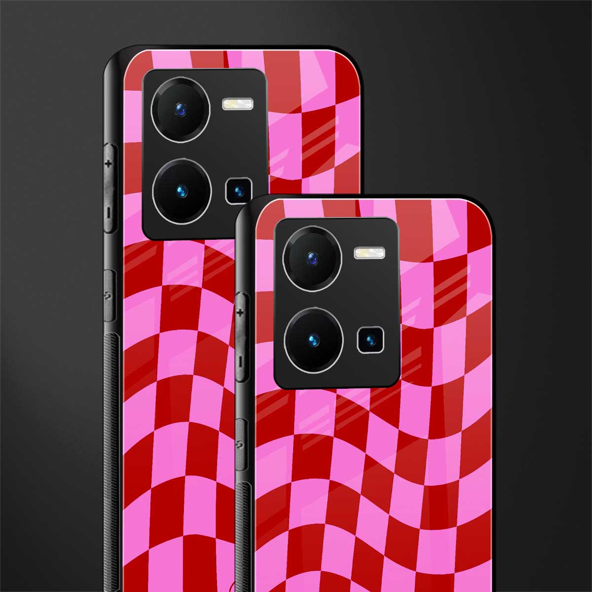 red pink trippy check pattern back phone cover | glass case for vivo y35 4g