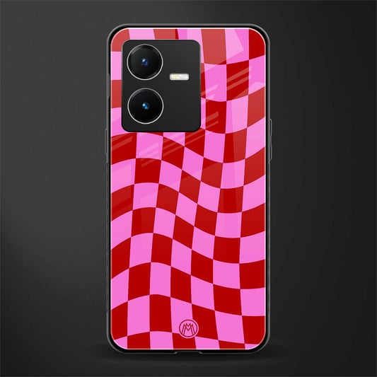 red pink trippy check pattern back phone cover | glass case for vivo y22
