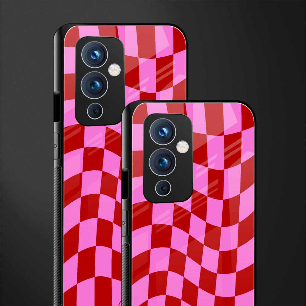 red pink trippy check pattern back phone cover | glass case for oneplus 9