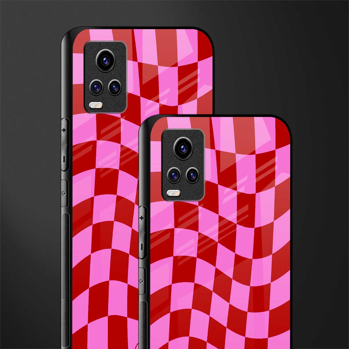 red pink trippy check pattern back phone cover | glass case for vivo v21e 4g