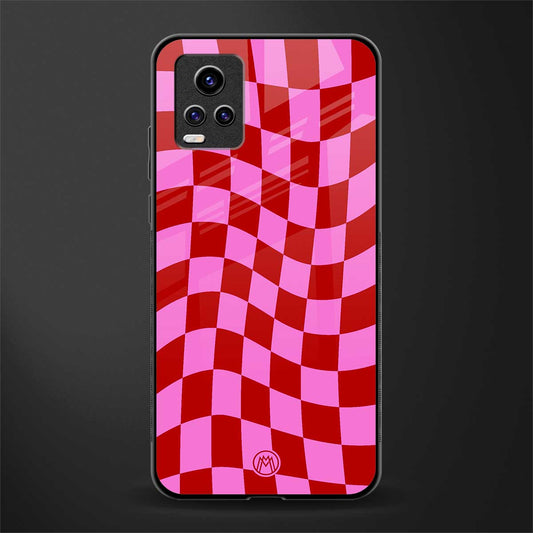 red pink trippy check pattern back phone cover | glass case for vivo v21e 4g
