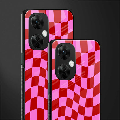 red pink trippy check pattern back phone cover | glass case for oneplus nord ce 3 lite