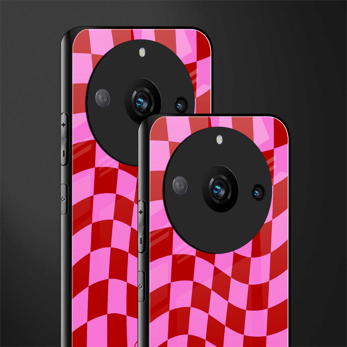 red pink trippy check pattern back phone cover | glass case for realme 11 pro 5g