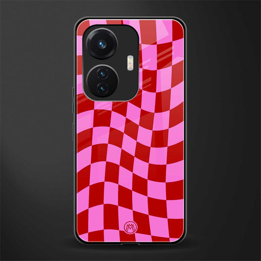 red pink trippy check pattern back phone cover | glass case for vivo t1 44w 4g