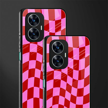 red pink trippy check pattern back phone cover | glass case for realme c55