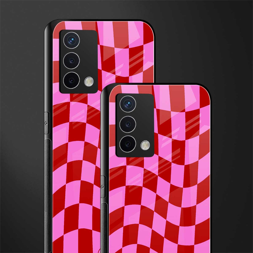 red pink trippy check pattern back phone cover | glass case for oppo a74 4g