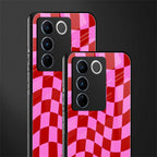 red pink trippy check pattern back phone cover | glass case for vivo v27 pro 5g