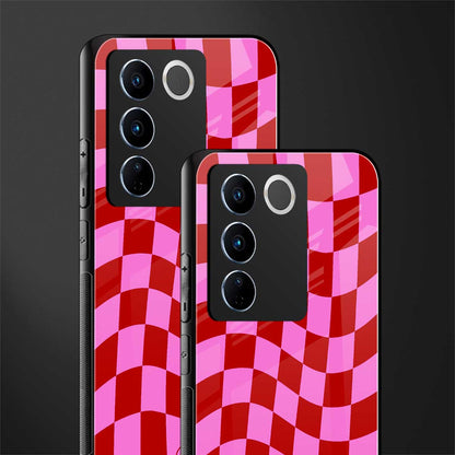 red pink trippy check pattern back phone cover | glass case for vivo v27 pro 5g