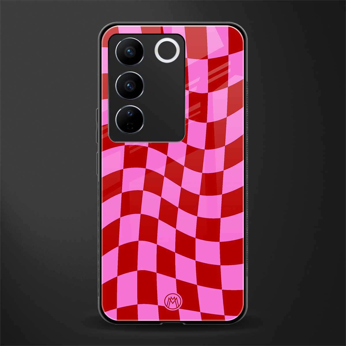 red pink trippy check pattern back phone cover | glass case for vivo v27 pro 5g