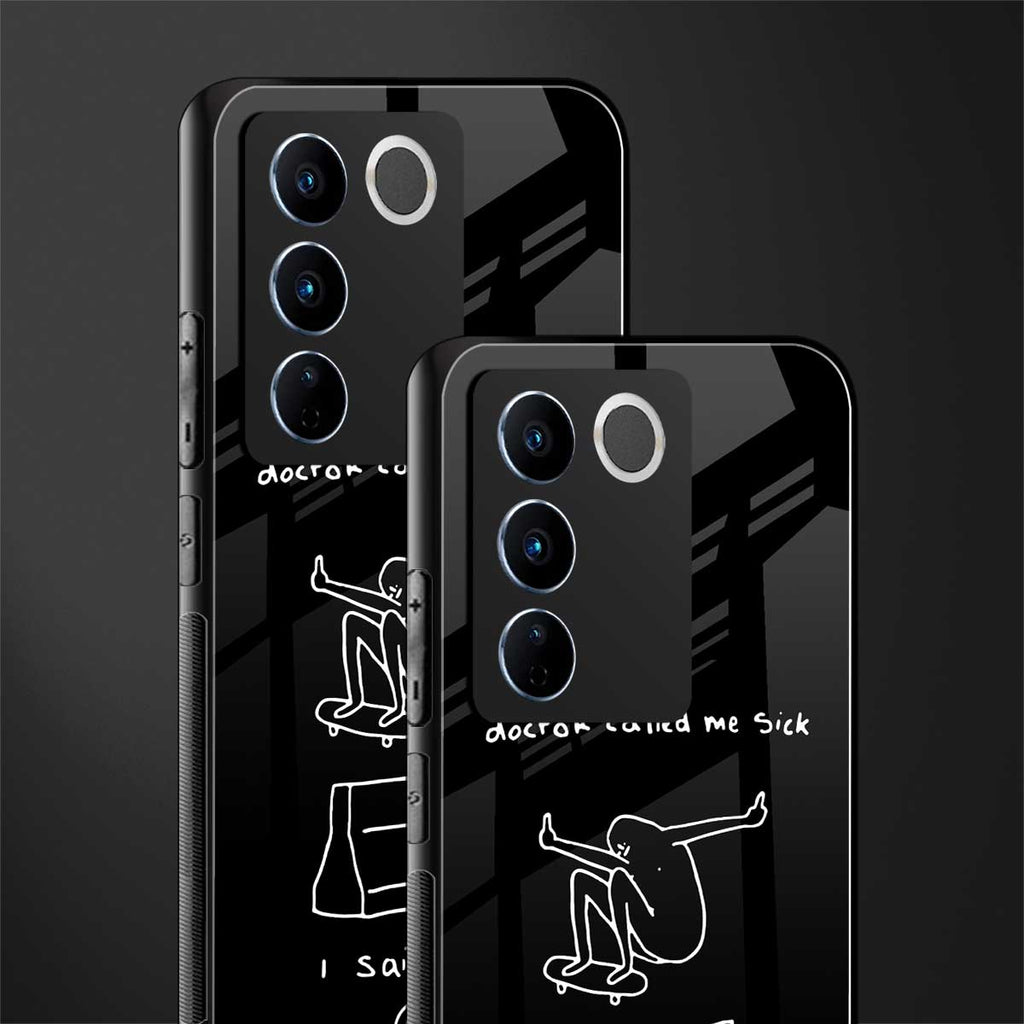 sick skateboarder black doodle back phone cover | glass case for vivo v27 pro 5g