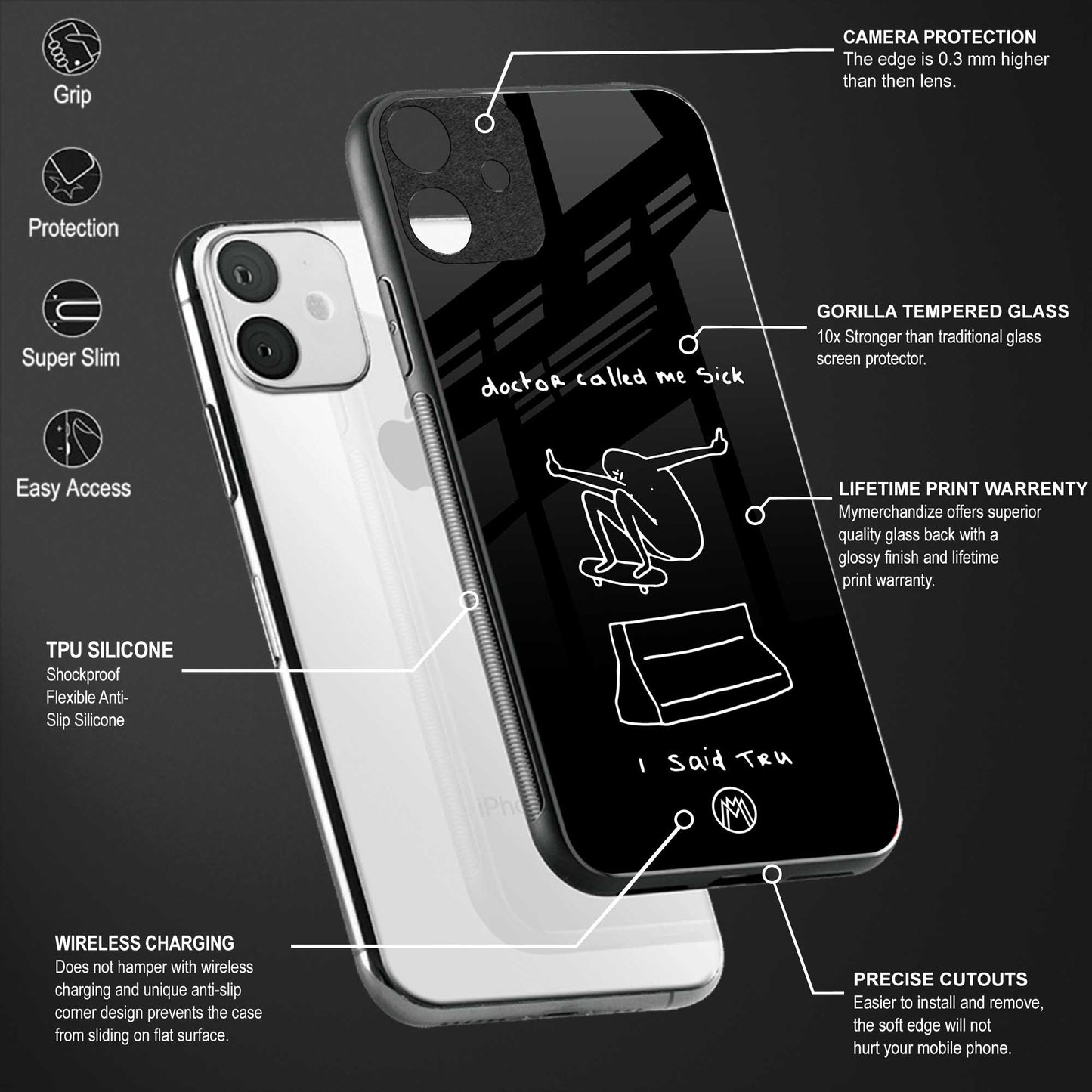 sick skateboarder black doodle back phone cover | glass case for vivo y22