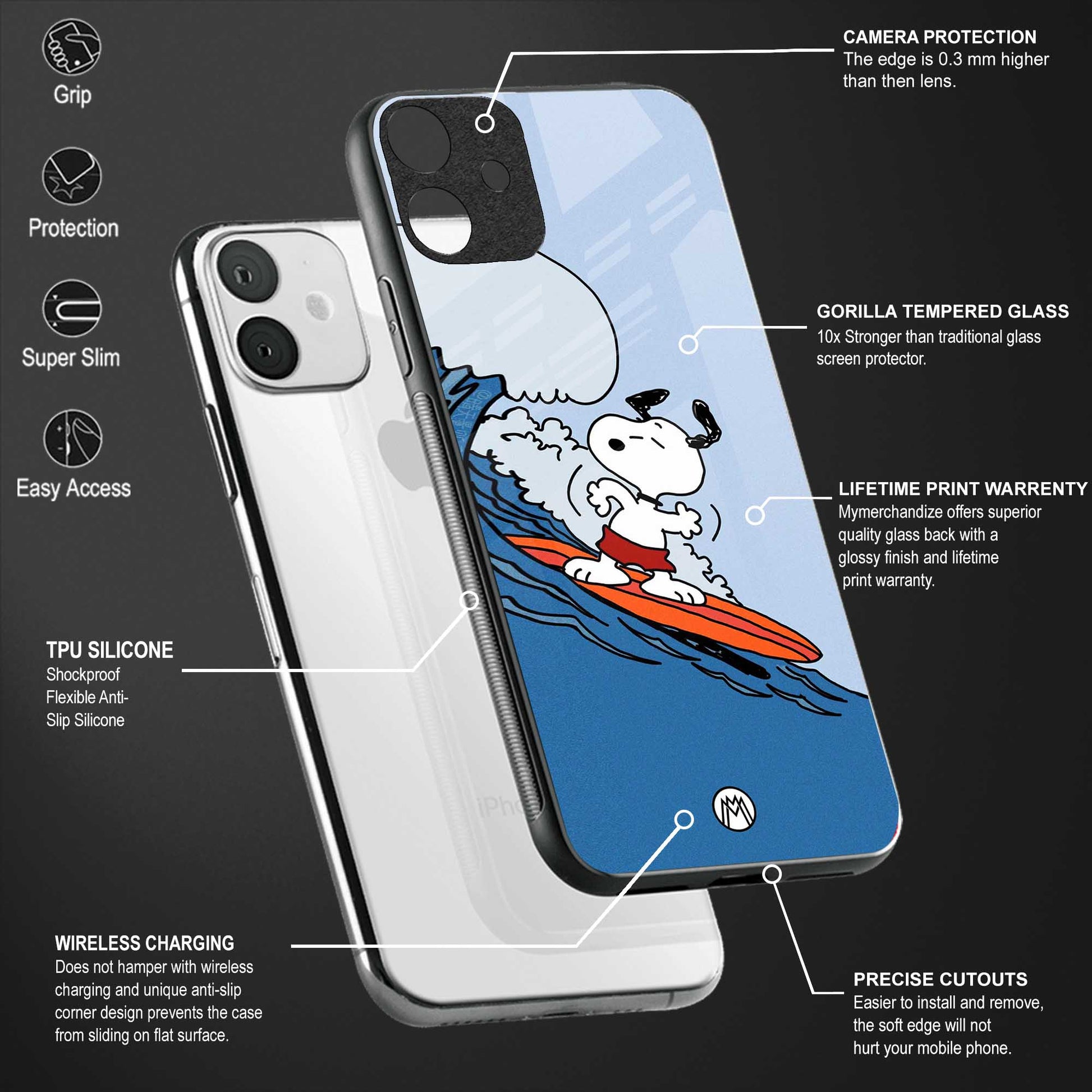 snoopy surfing back phone cover | glass case for samsung galaxy a54 5g