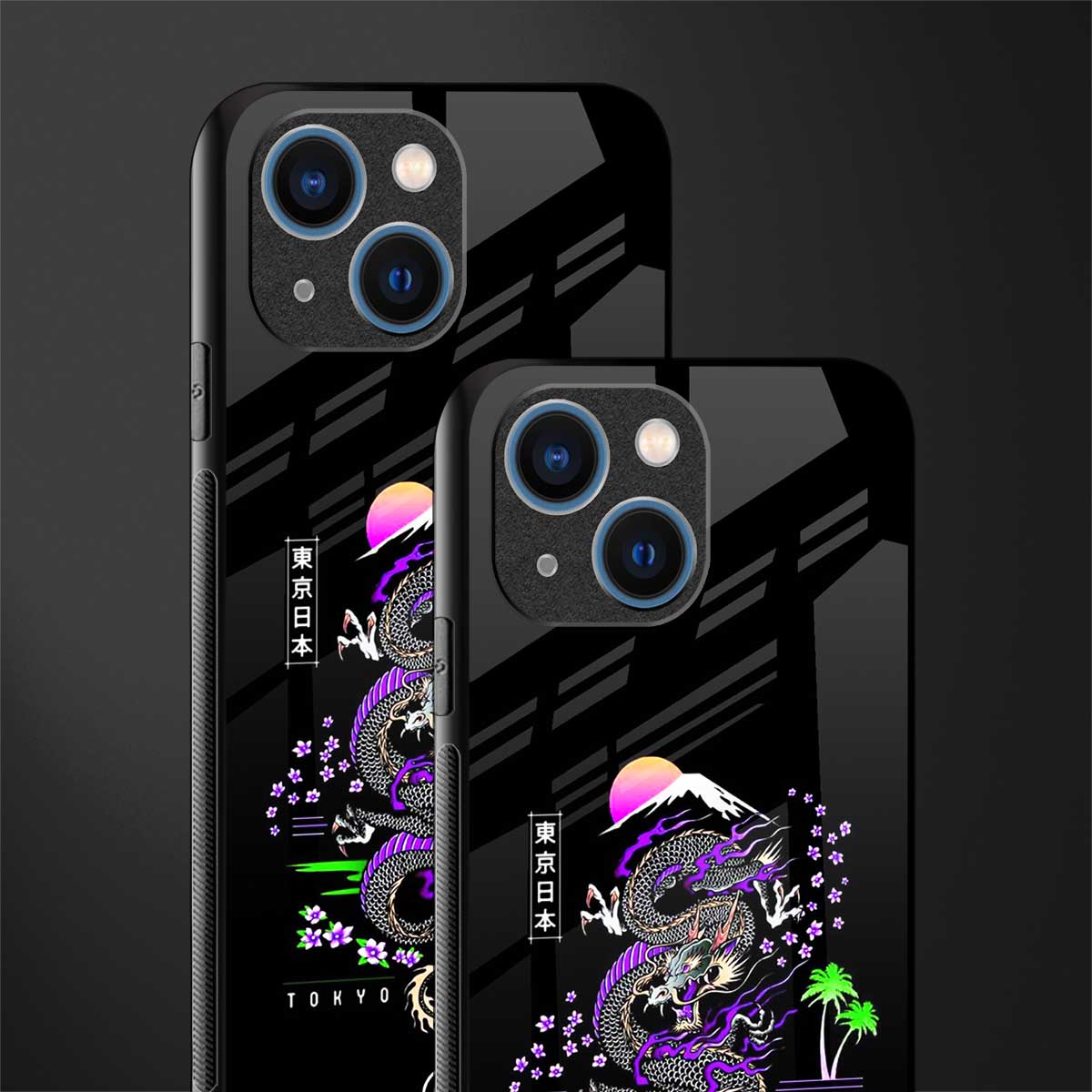 tokyo japan purple dragon black glass case for iphone 13 mini image-2