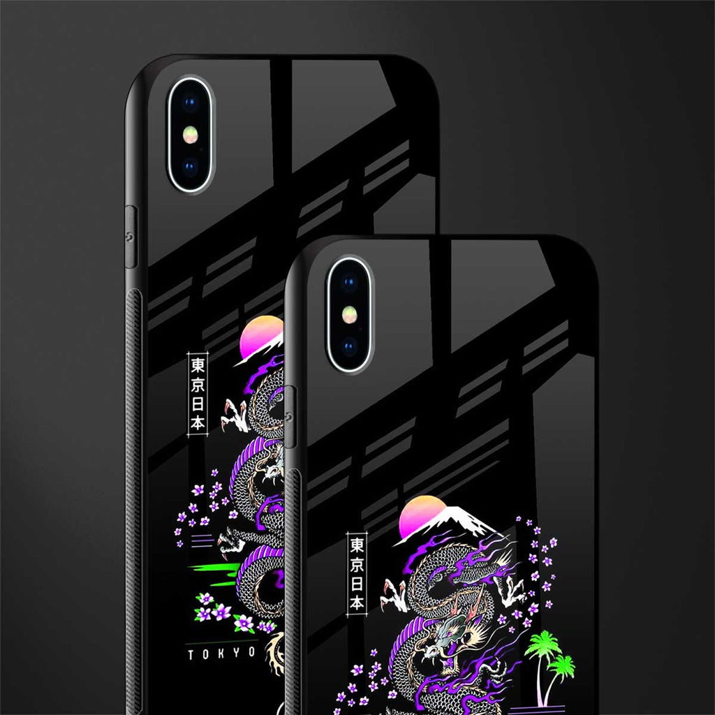tokyo japan purple dragon black glass case for iphone xs max image-2