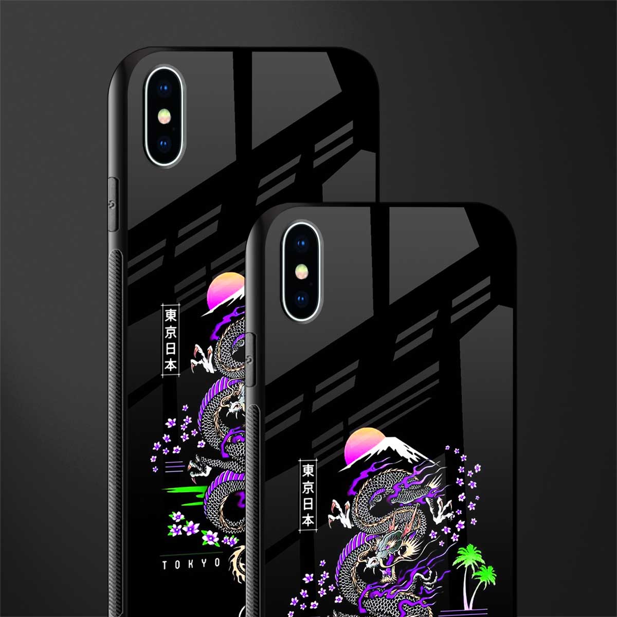 tokyo japan purple dragon black glass case for iphone xs max image-2