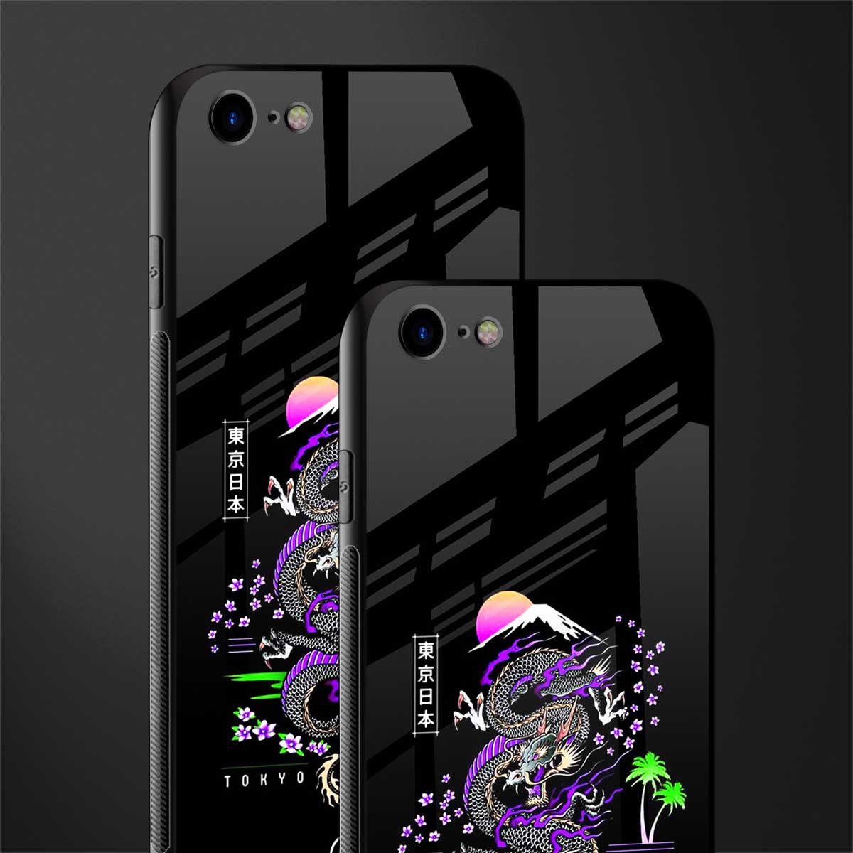 tokyo japan purple dragon black glass case for iphone se 2020 image-2