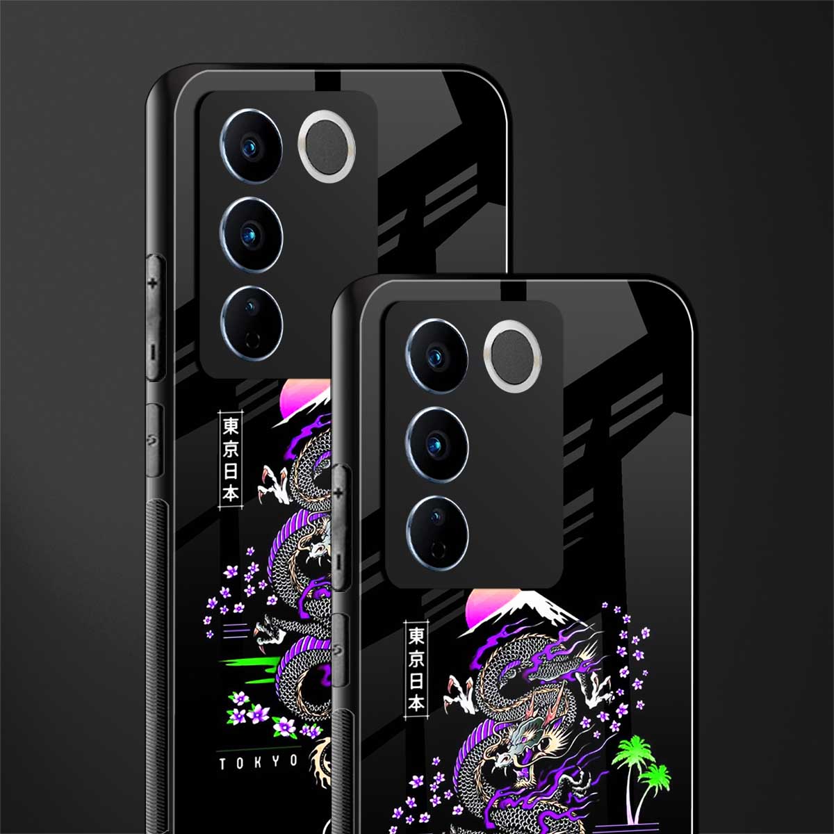 tokyo japan purple dragon black back phone cover | glass case for vivo v27 pro 5g