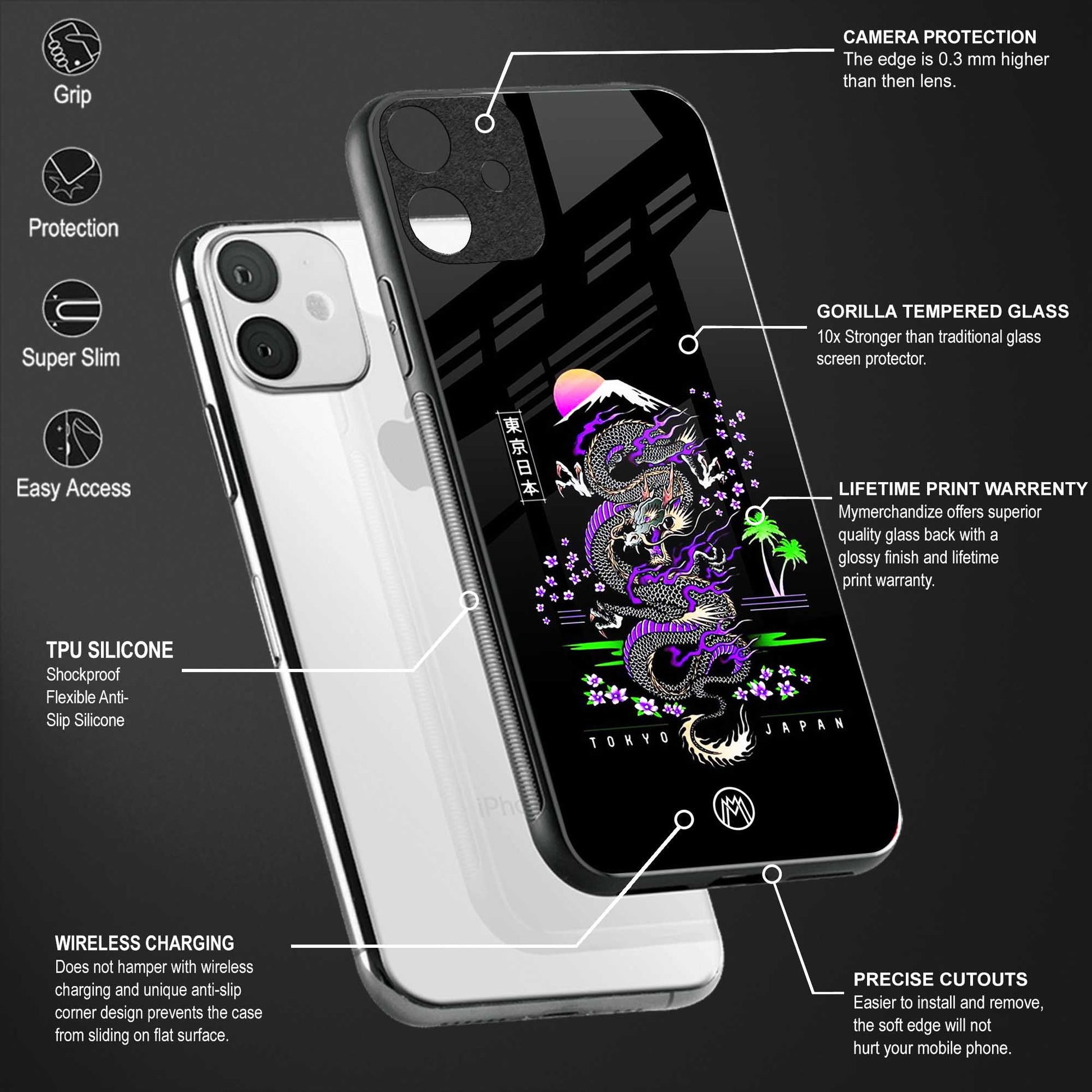 tokyo japan purple dragon black glass case for iphone 14 pro max image-4