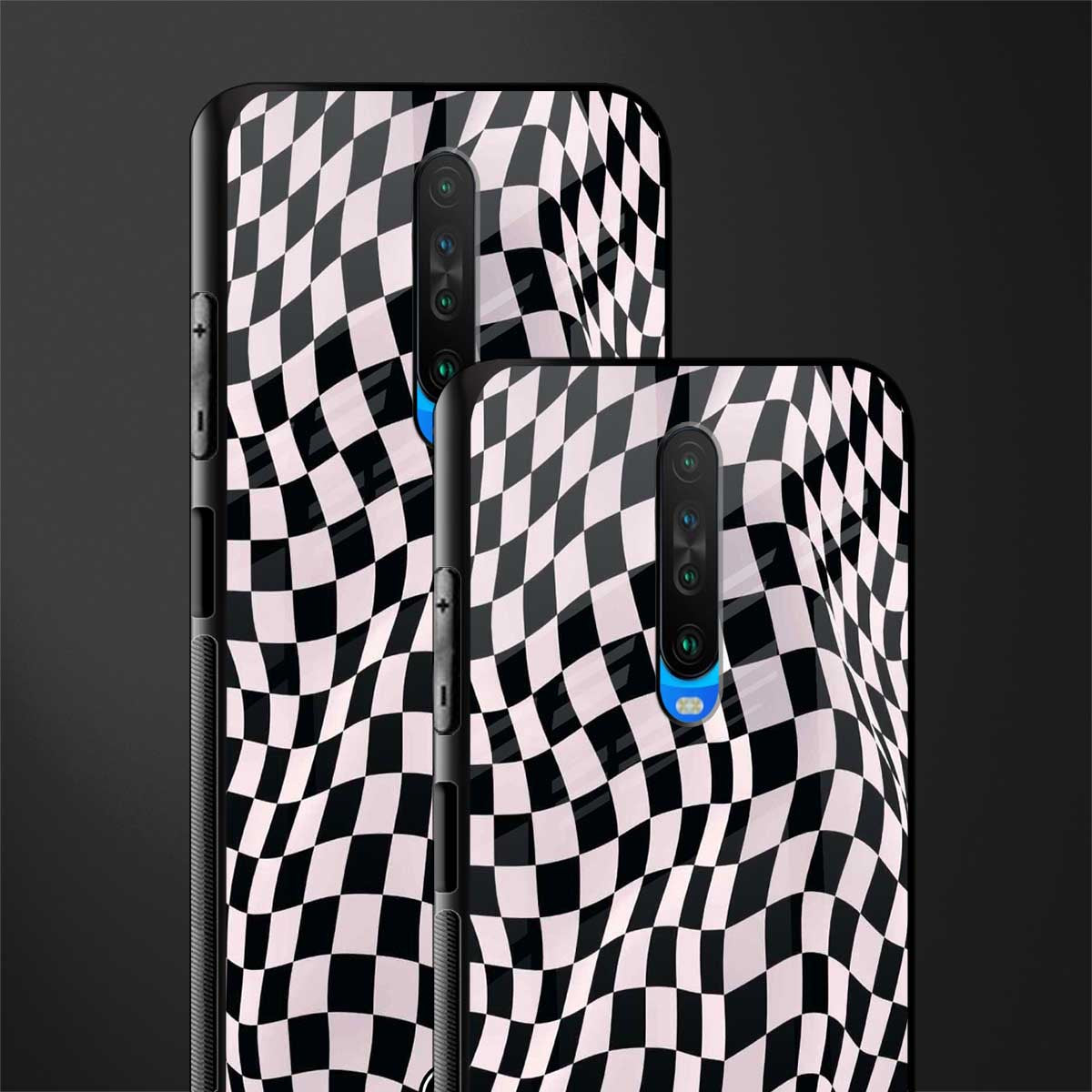 trippy b&w check pattern glass case for poco x2 image-2