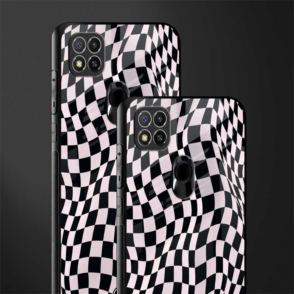 trippy b&w check pattern glass case for poco c31 image-2