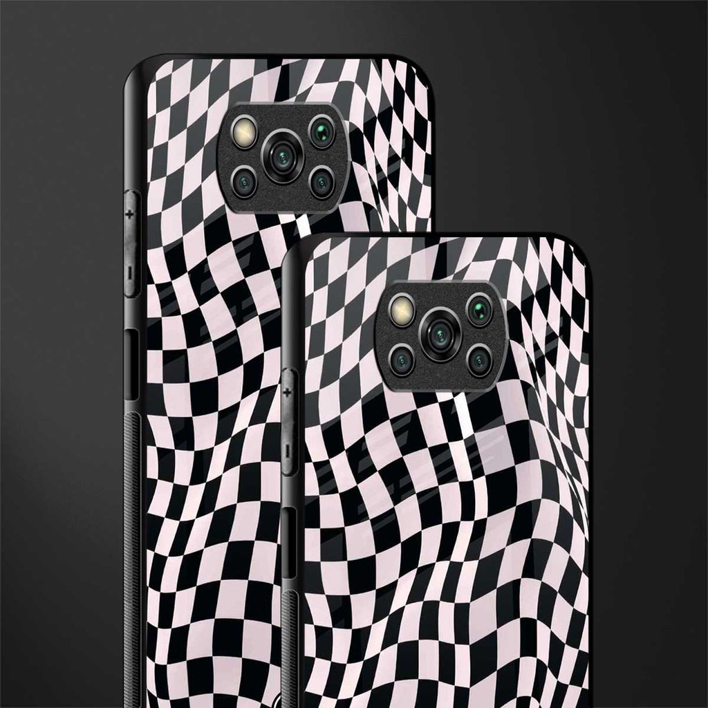 trippy b&w check pattern glass case for poco x3 image-2