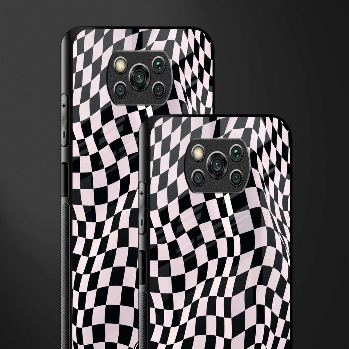 trippy b&w check pattern glass case for poco x3 image-2
