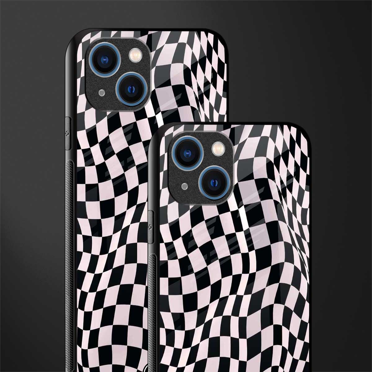 trippy b&w check pattern glass case for iphone 14 image-2