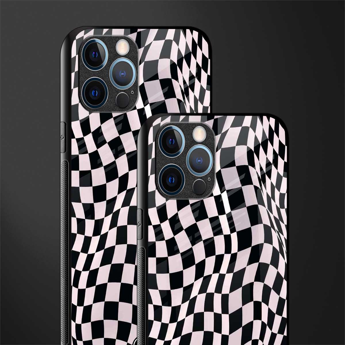 trippy b&w check pattern glass case for iphone 14 pro max image-2